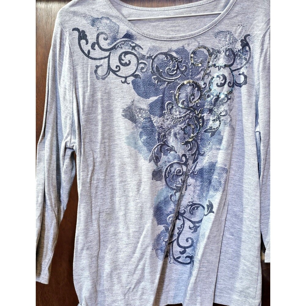 Breckenridge Gray Sequin Scroll Floral Long Sleeve Top Womens L